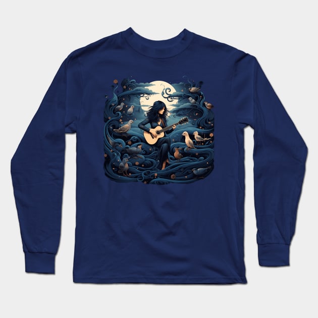 Guitarist with Birds Serene Music Harmony Dream Long Sleeve T-Shirt by MetaBrush